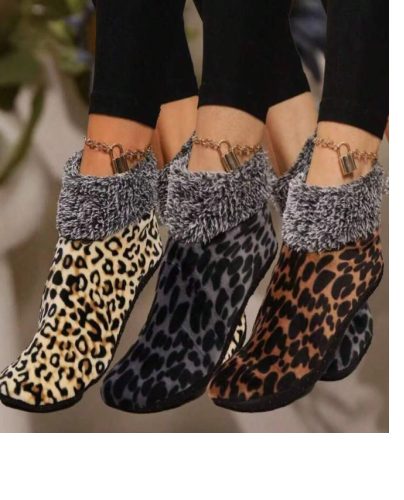 2 Pcs Of Women's Plush Winter Leopard Print Thermal Lined Slipper Leg Covers